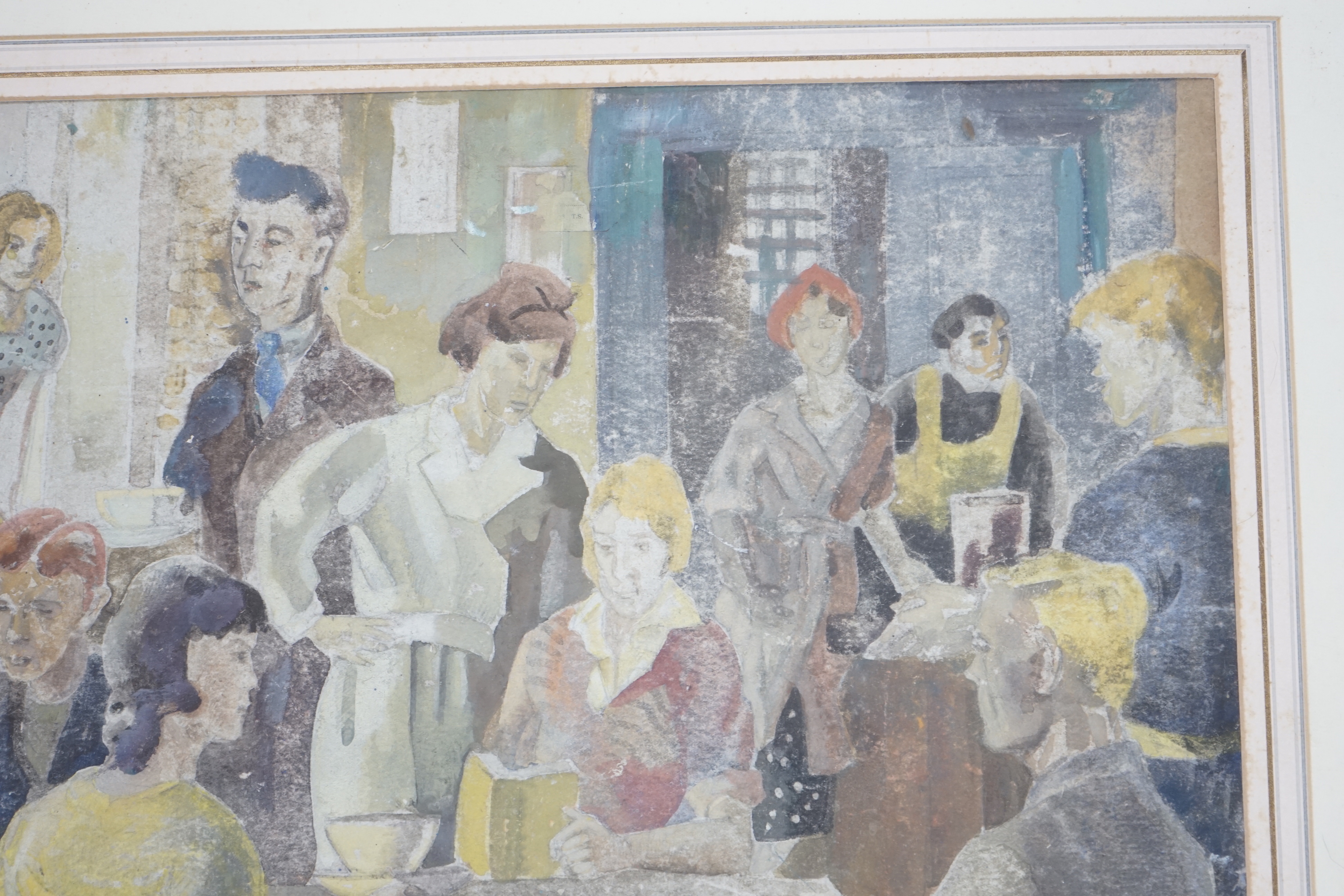 Elspeth Buchanan (Scottish, 1915-2011) mixed media, Figures in café, signed, 47 x 66cm